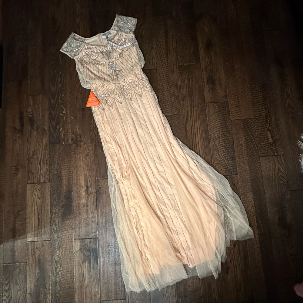 Amelia Rose beaded baroque off the shoulder peach pink gown NWT - Picture 3 of 12